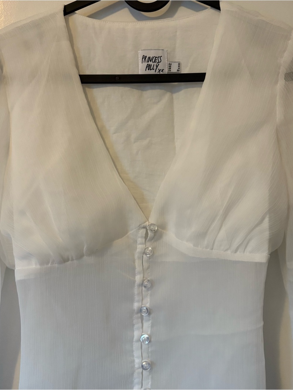Princess Polly White V-Neck Button Front Sheer Blouse